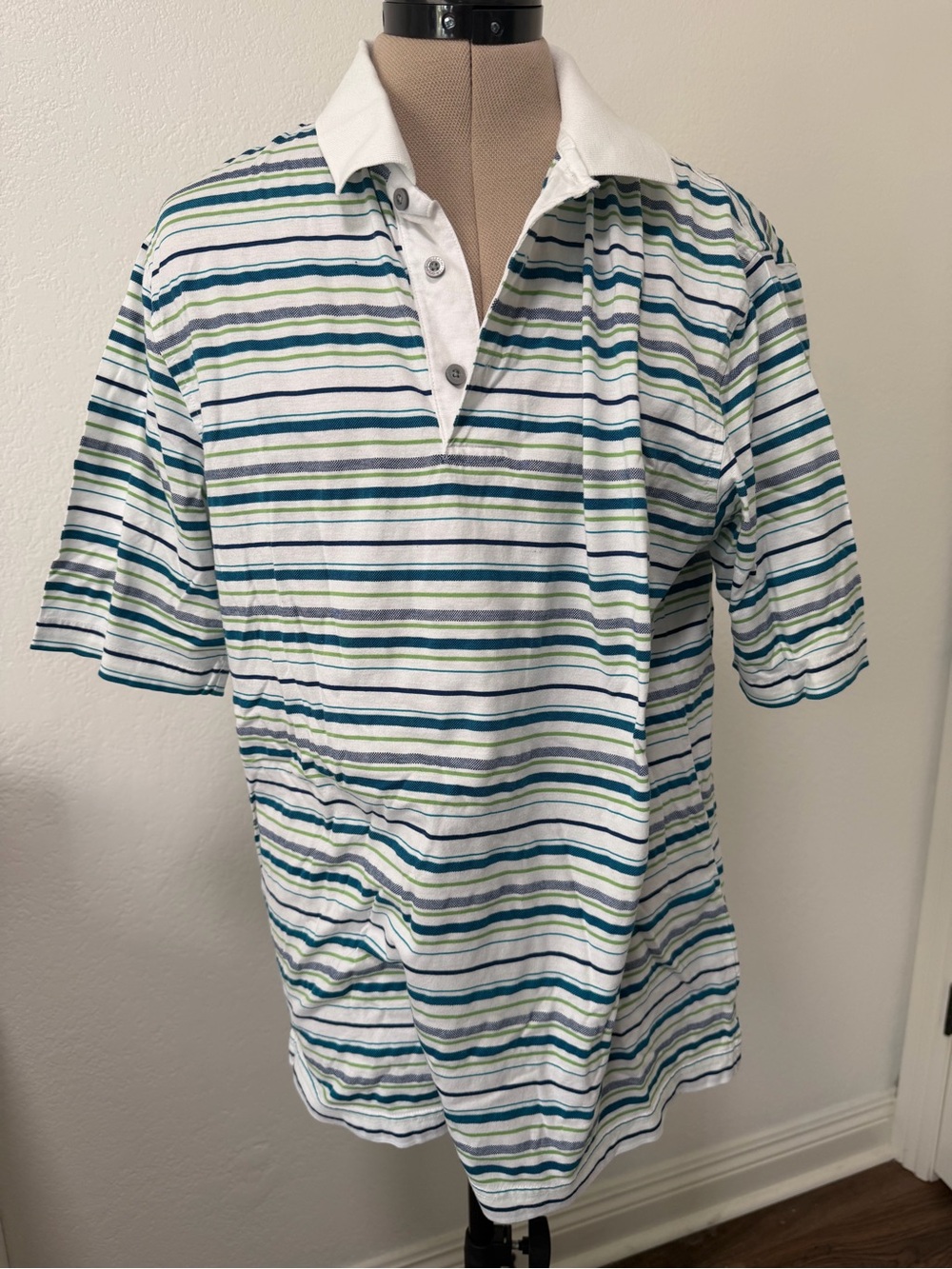 Jos. A. Bank White Polo with Blue & Green Stripes
